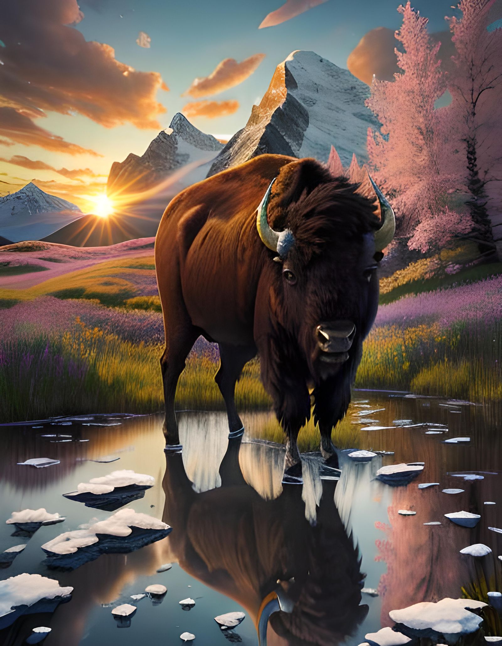 Bison on Ice with Mountain Meadow Sunset