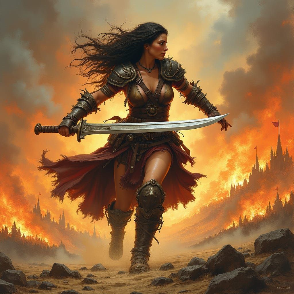 Barbarian Warrior on Burning Battlefield in Fantasy Art Styl...