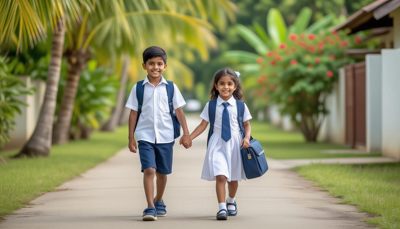 Sri Lankan Siblings Walk to School in Morning Light