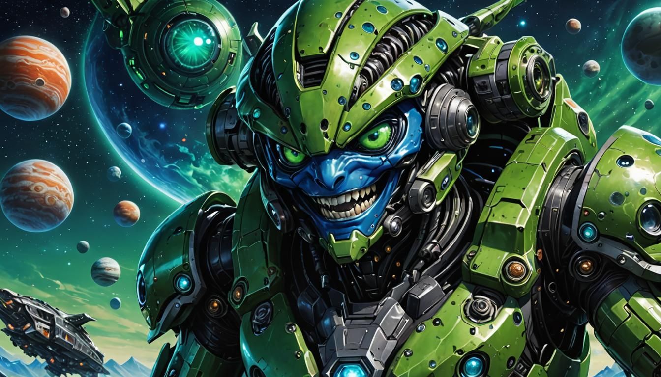 Blue Alien in Green Armor near Jupiter: Anime Style