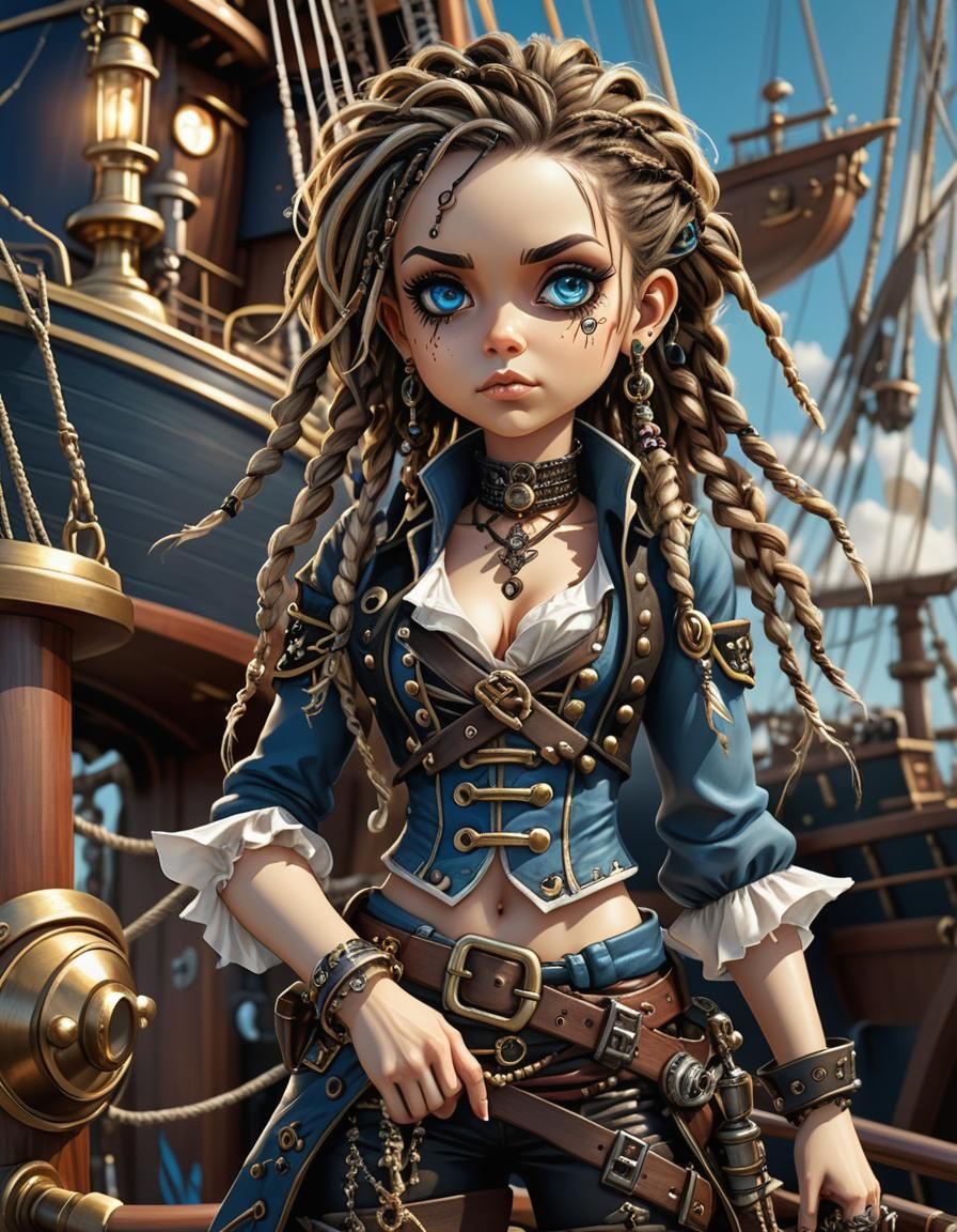 Steampunk Chibi Pirate Climbing Ship Mast Digital Art