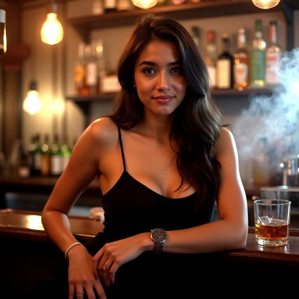 Dominican Woman in Smoky Bar with Whisky