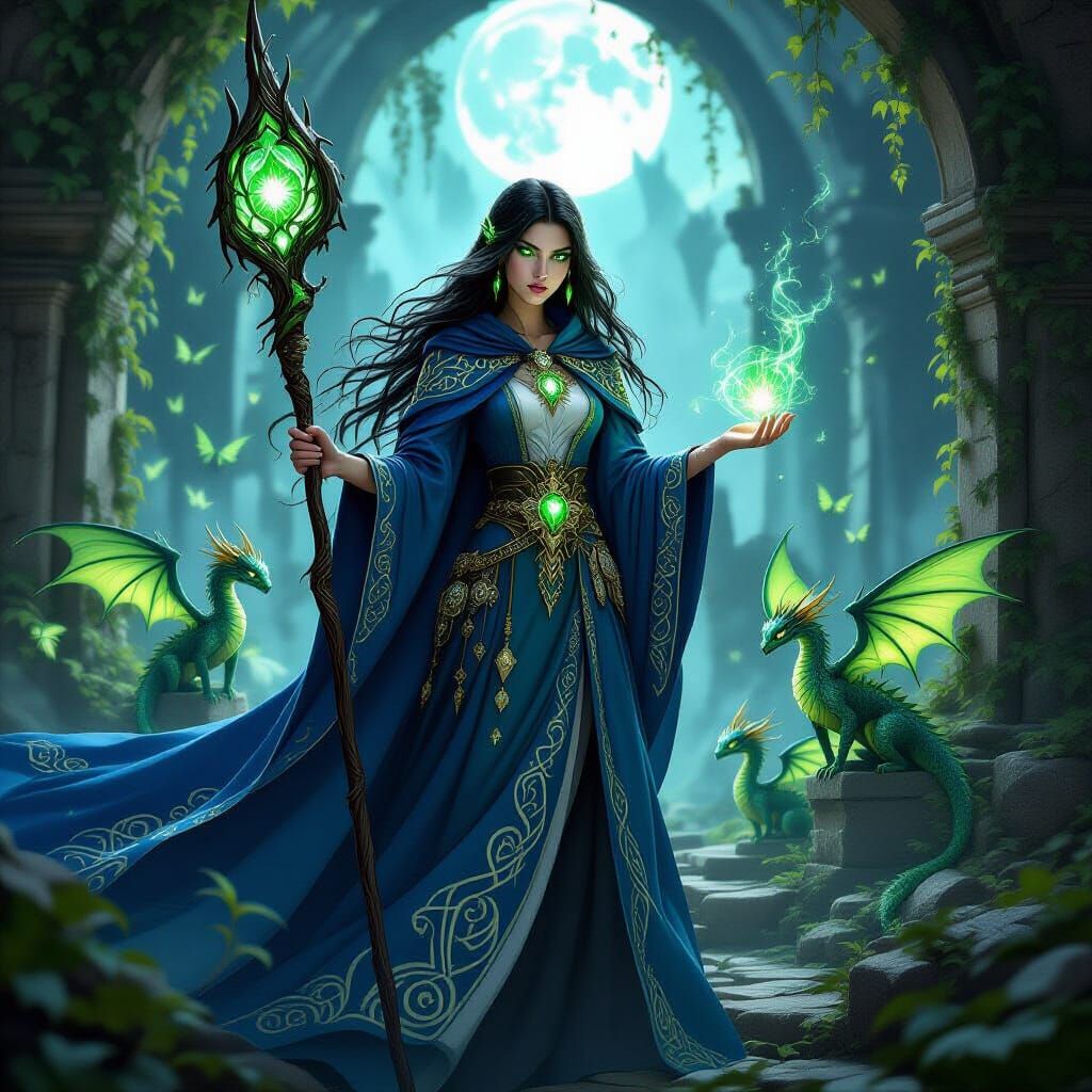 Mystical Witch with Glowing Dragons in Moonlit Ruins
