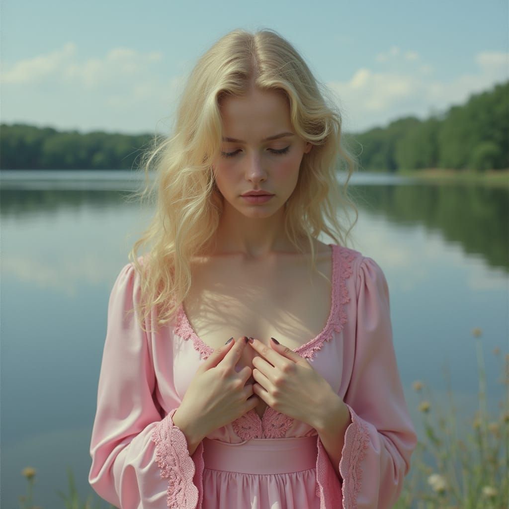 Woman Weeping by a Lake in Photorealist Style