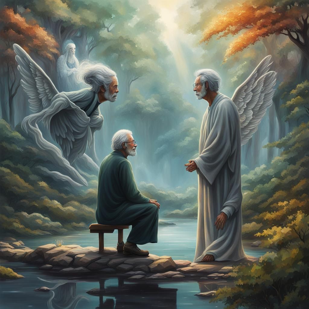 Man Meets Angelic Alien in Forest: Hyperrealistic Art