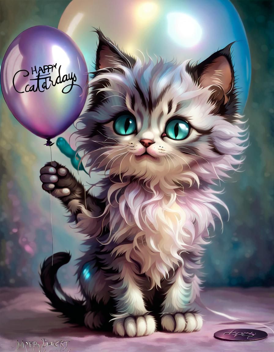 Fluffy Kitten Celebrates Caturday with Balloon