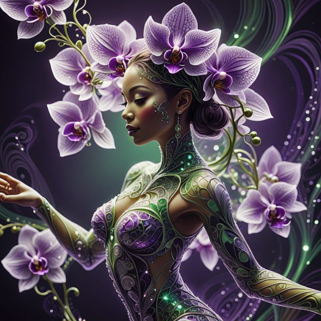 Shimmering Orchid Woman: Surreal Digital Art