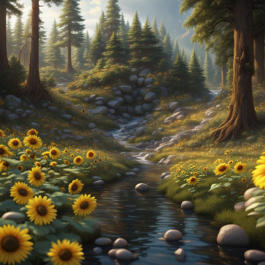 Daisy and Sunflower Garden in Pine Forest