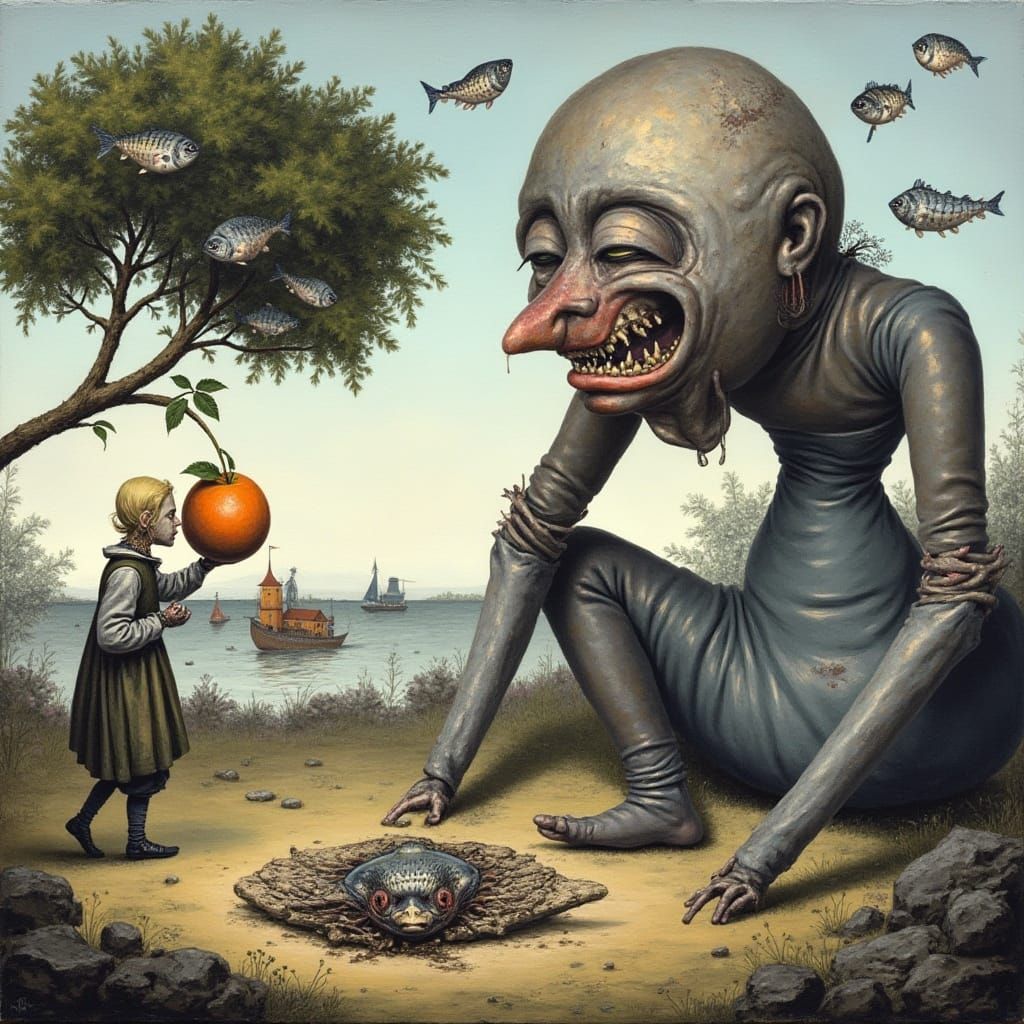 Dürer Style Medieval Puppet Scene with Glowing Orange