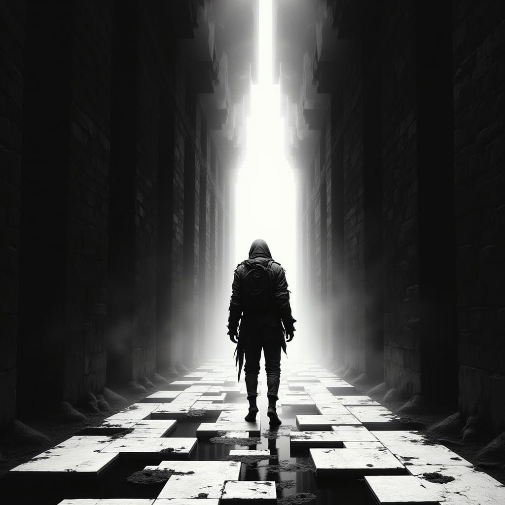 Dystopian Figure in Maze-Like Digital Artscape