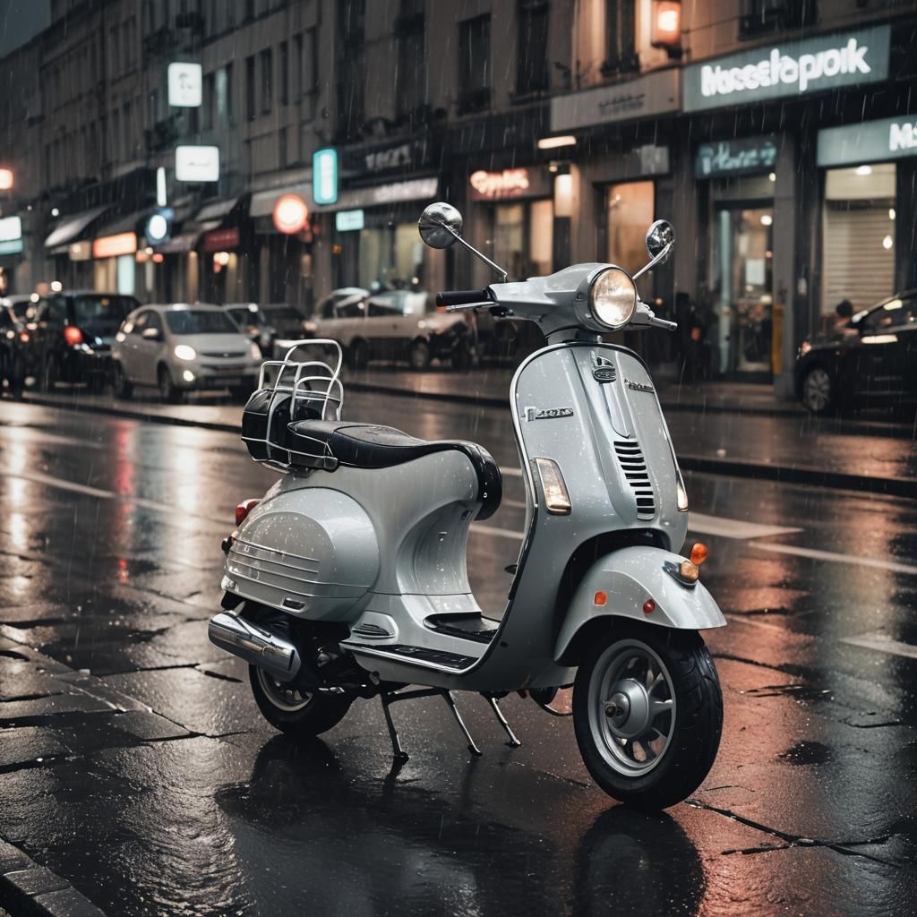 Retro-Futuristic Vespa PX 150 on Wet Asphalt