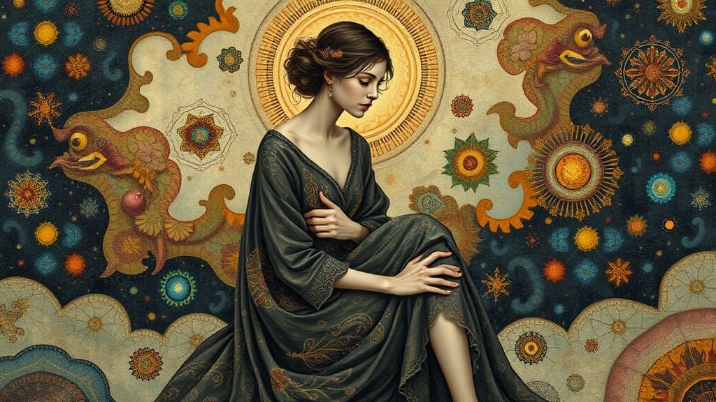 Surreal Figure Sits in a Kaleidoscope of Textures and Patter...