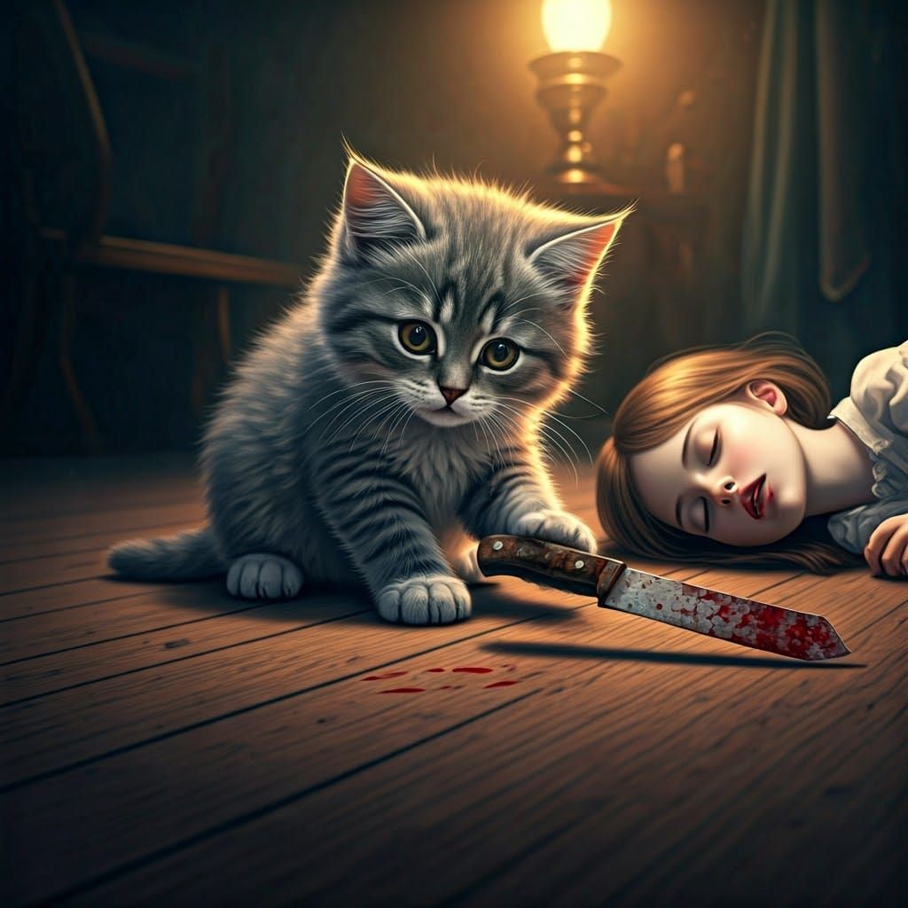 Cute kitten, playing with a bloody knife. bleeding girl lies...