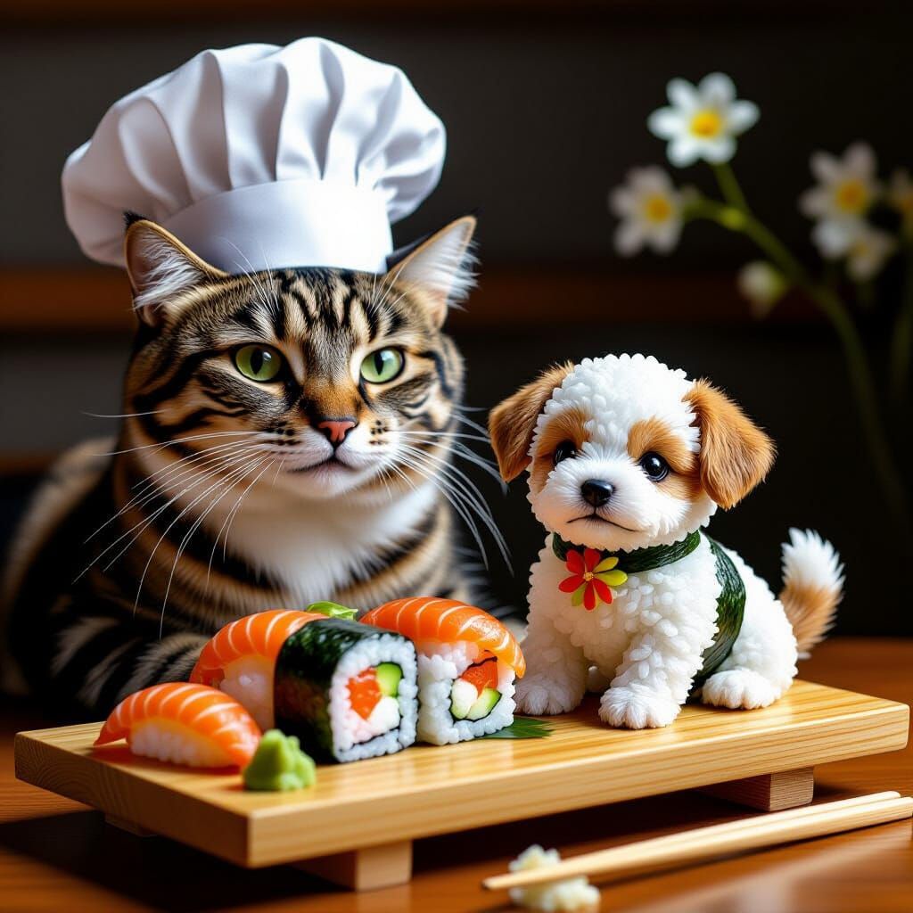 Sushi Puppy and Chef Cat Food Art