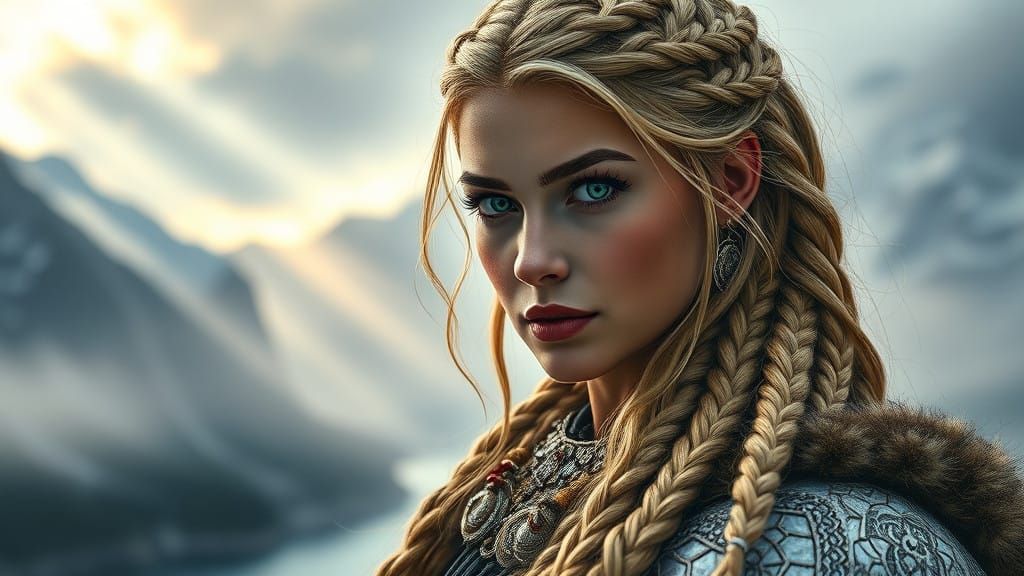 Regal Nordic Goddess in Golden Armor, Adorned with Mythical ...