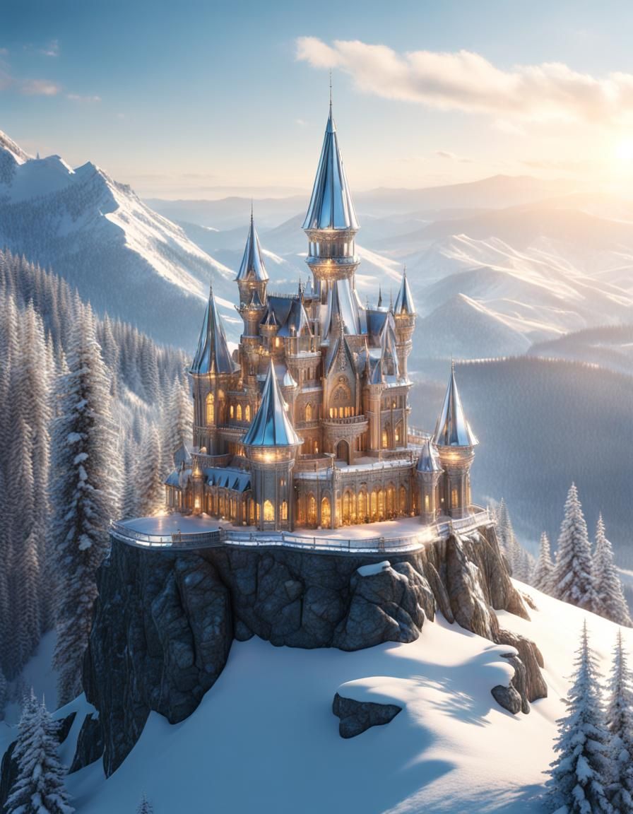 Glass Fairytale Castle on Snowy Mountain Ledge