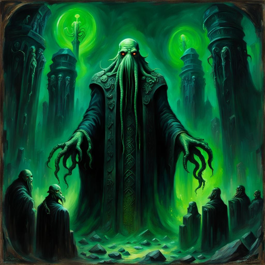 Gothic Horror Cthulhu God Among Glowing Runes