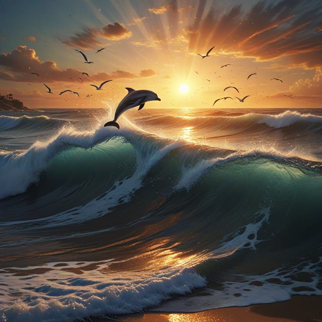 Dolphin's Sunset Leap: Vibrant Digital Ocean Art