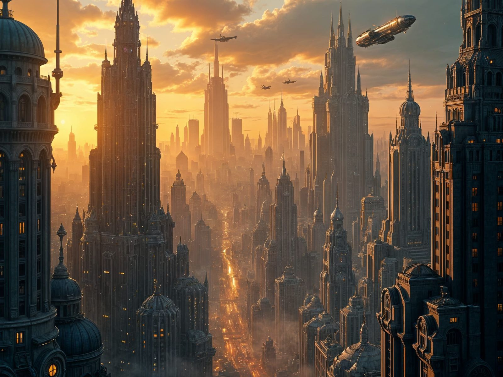 Epic Art Deco Cityscape under Futuristic Steampunk Skies