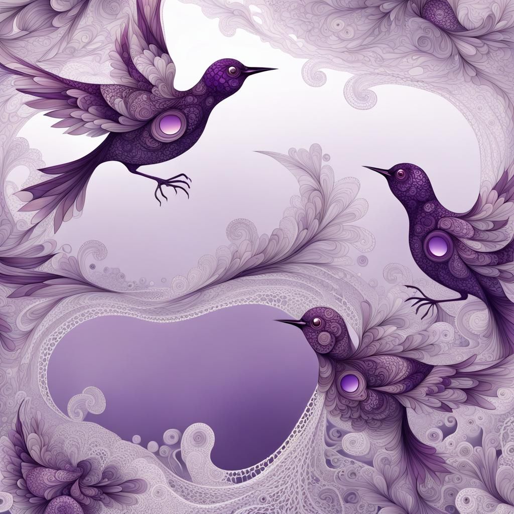 Abstract Purple Birds in Glass and Lace