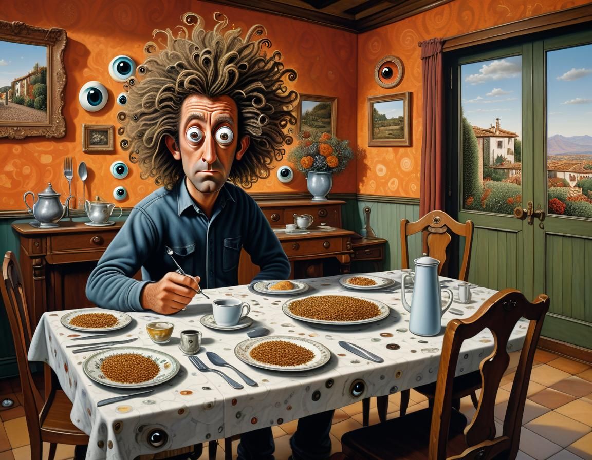 Man with Googly Eyes in Dining Room
