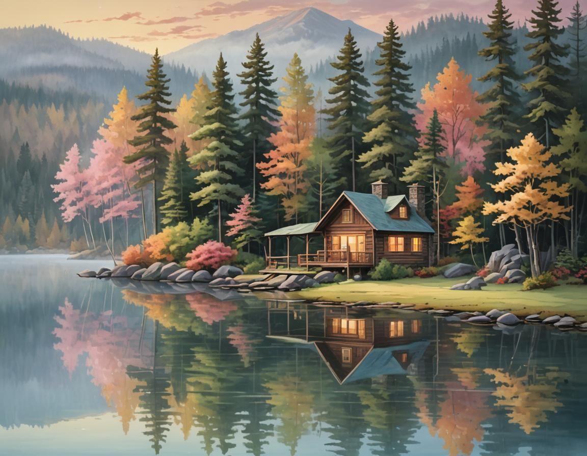 Cozy Lakeside Cabin at Dawn Reflection
