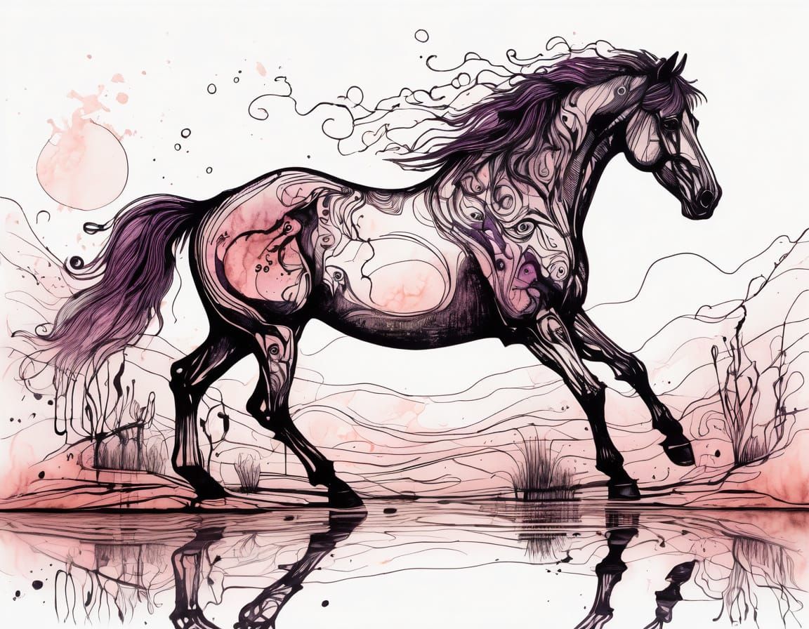 Whimsical Surrealist Stallion by a Deserted Pond