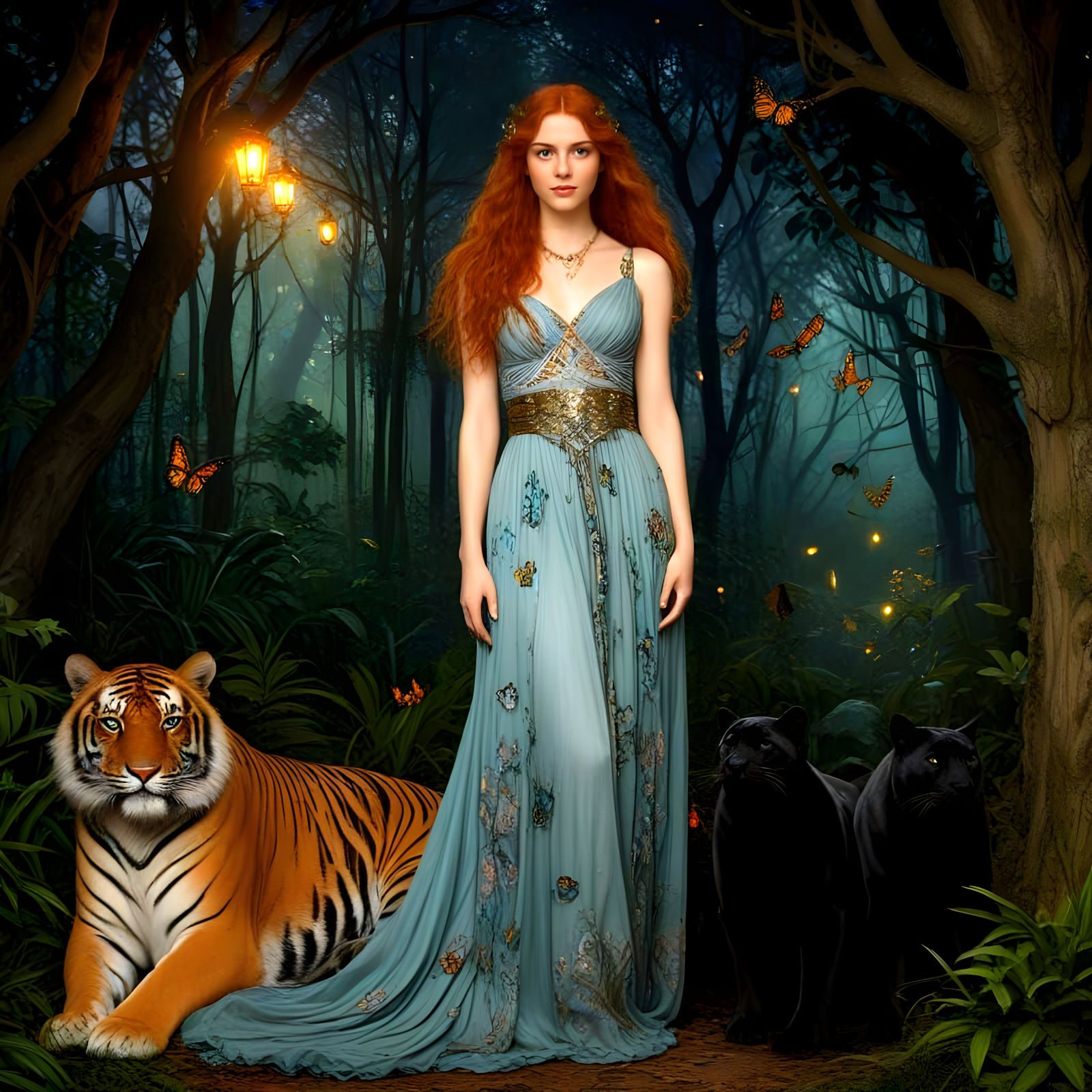 Pre-Raphaelite Muse with Tigers in Enchanted Forest