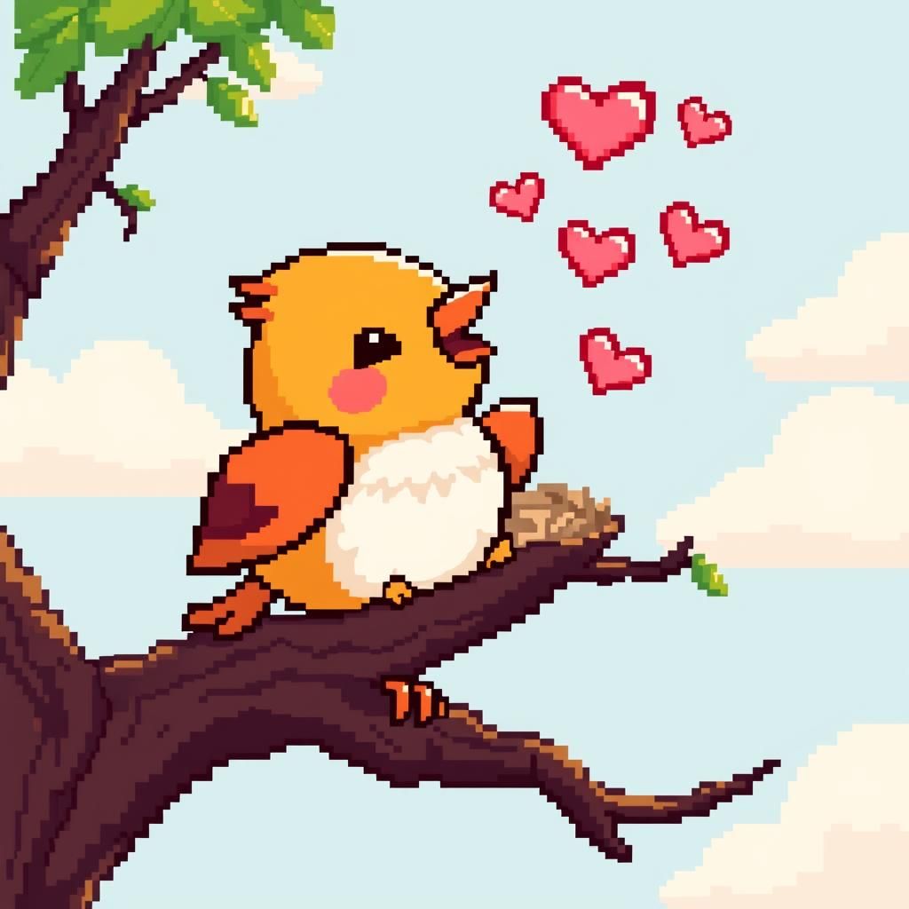 Happy Pixel Art Bird Tweets Hearts