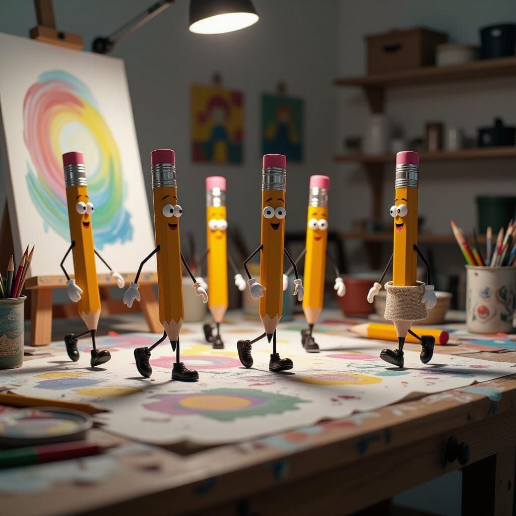 Anthropomorphic Pencils Escape Surreal Art Studio Workbench