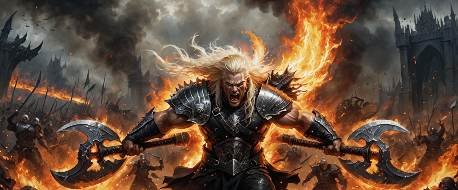 Muscular Warrior with Plasma Axes on Fiery Battlefield