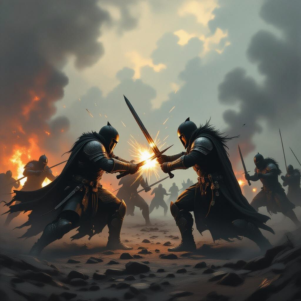 Armored Figures Clash on Ominous Battlefield