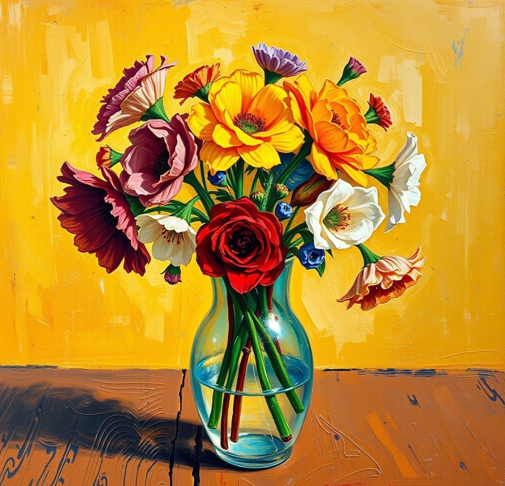 Van Gogh Style Still Life Painting with Flowers