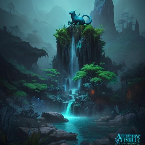 Hybrid Creature Plays by Waterfall: Fantasy Concept Art