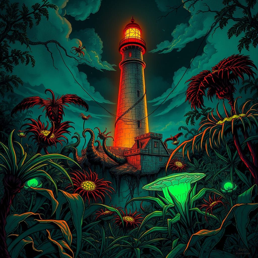 Surreal Neon Lighthouse in Overgrown Dark Garden