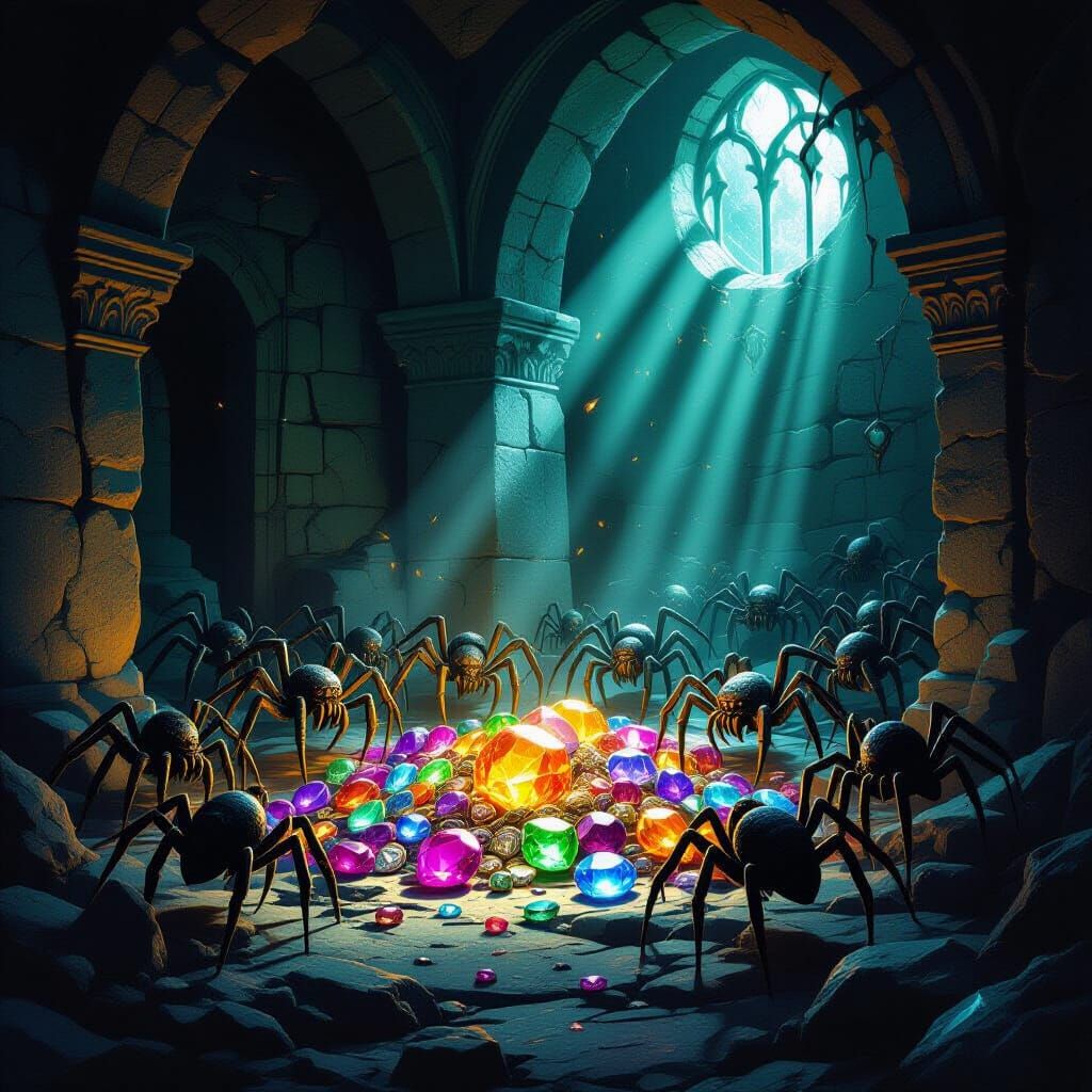 Spiders Guarding Glowing Gems in Dark Mausoleum