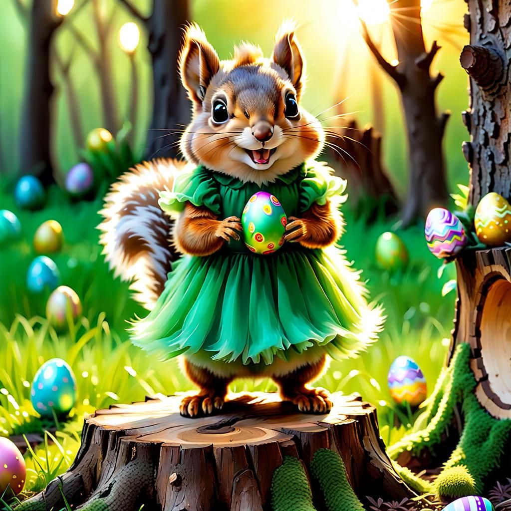 incredibly cute whimsical fluffy squirrel in a green dress with an Easter egg