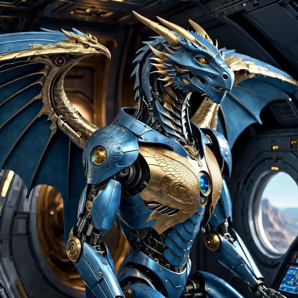 Cyborg Dragon-Man Hybrid on Spaceship in Sci-Fi Style