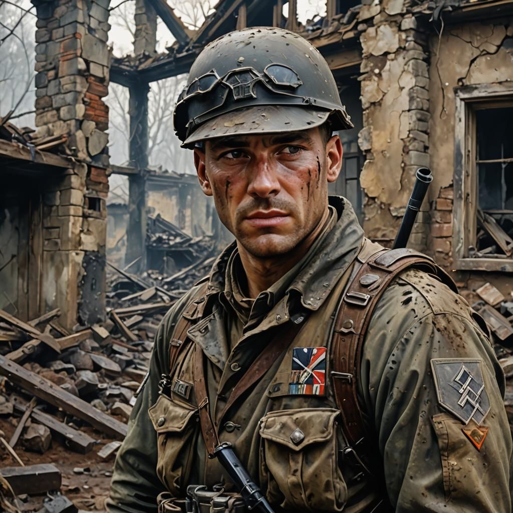 WWII Soldier in Ruins: Acrylic Painting