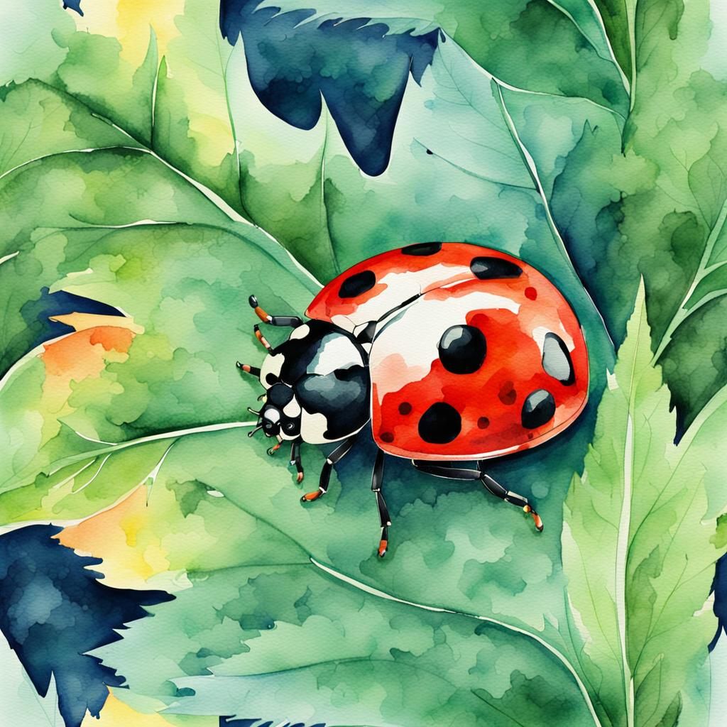 Ladybug on Leaf Watercolor Illustration