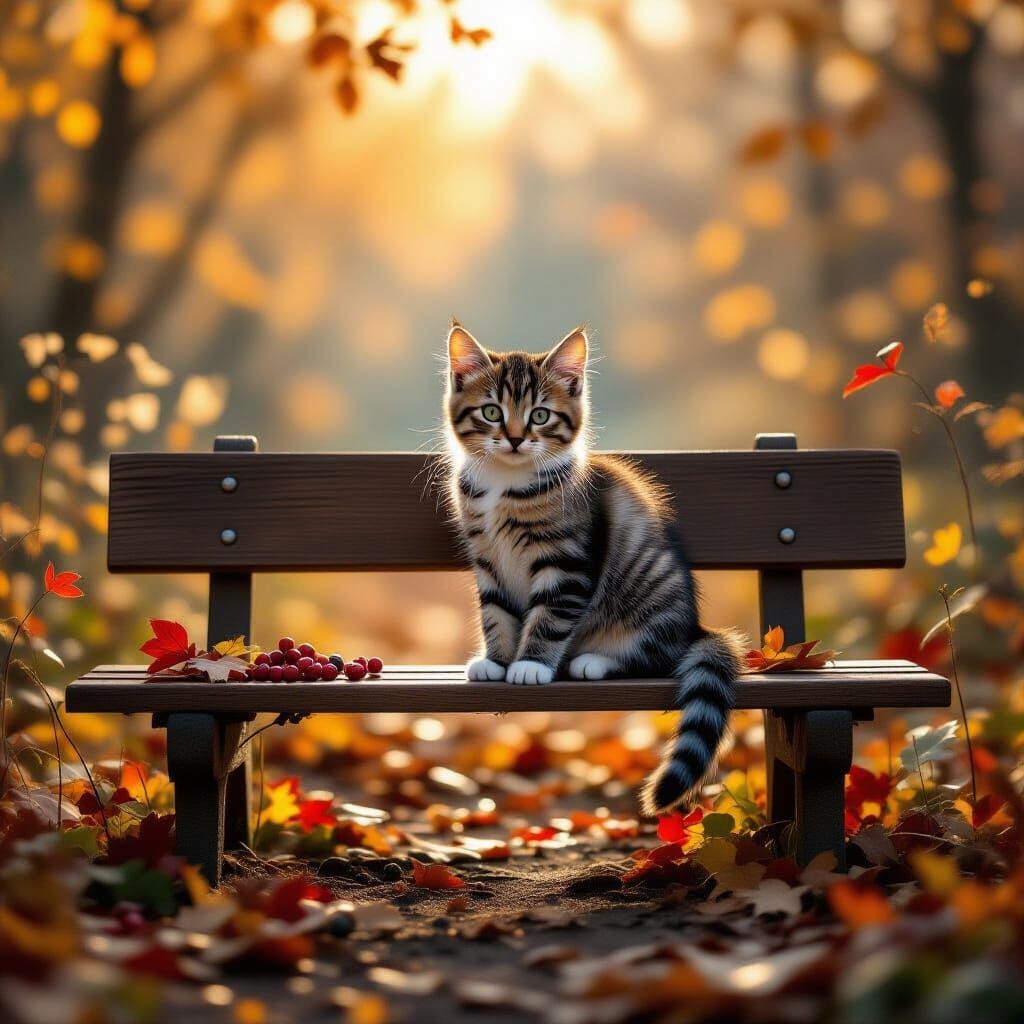 Tabby Kitten on Autumn Bench in Ethereal Morning Light