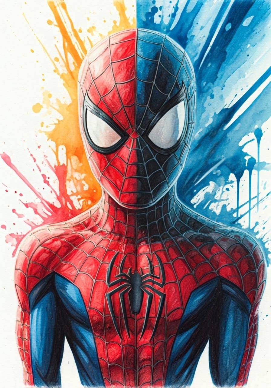 Abstract Spiderman Art in Watercolor and Pencil