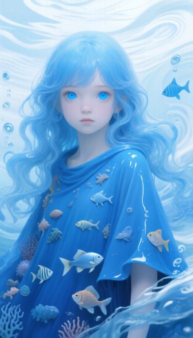 Surreal Blue-Haired Girl in Aquatic Dreamscape