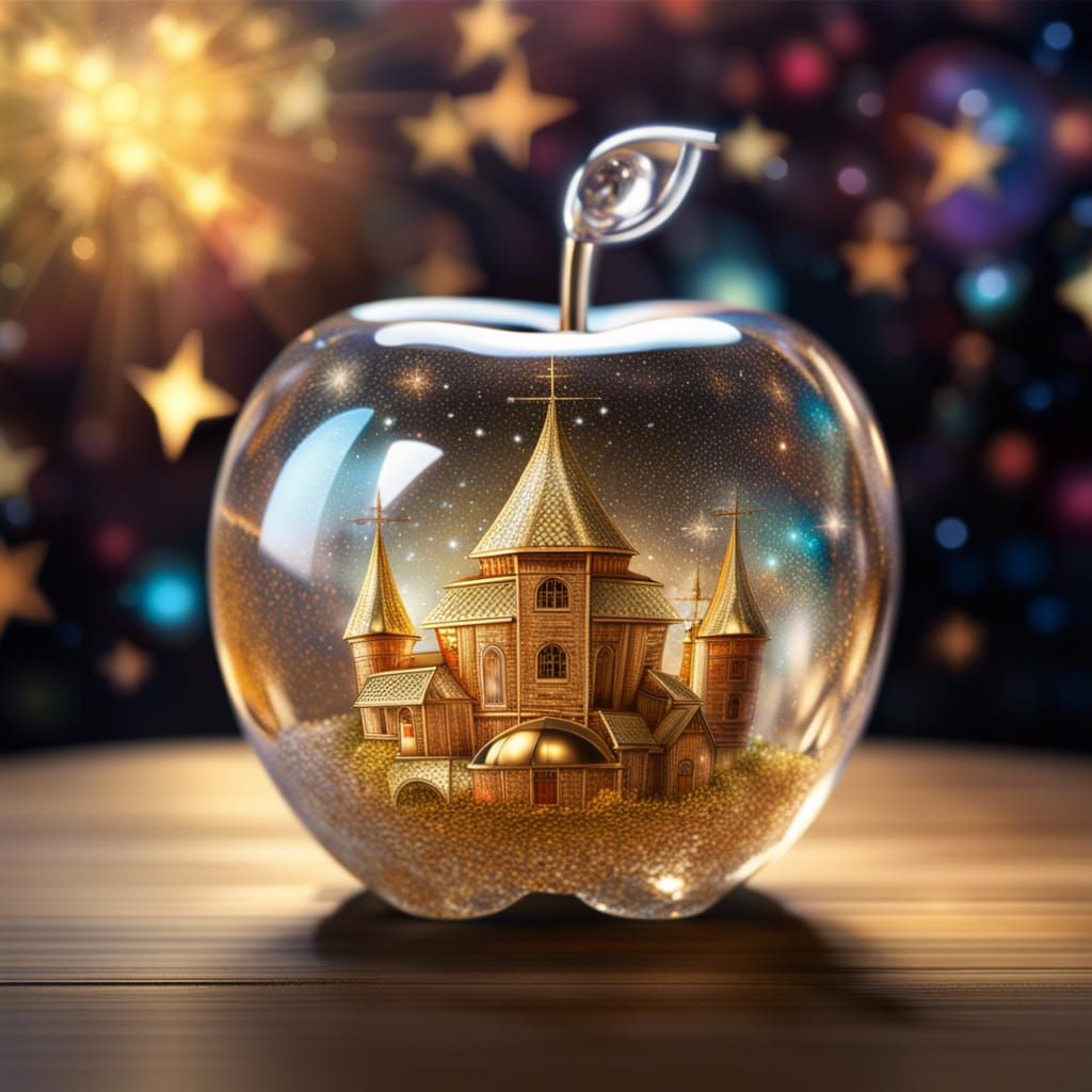Crystal Glass Apple with Glittering Gold Building Inside