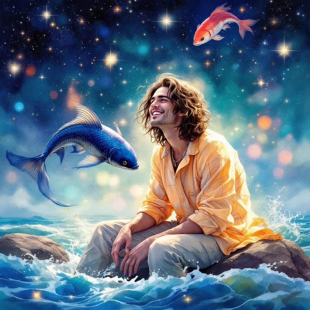 Dashing Gentleman Surrounded by Whimsical Sea Creatures in a...