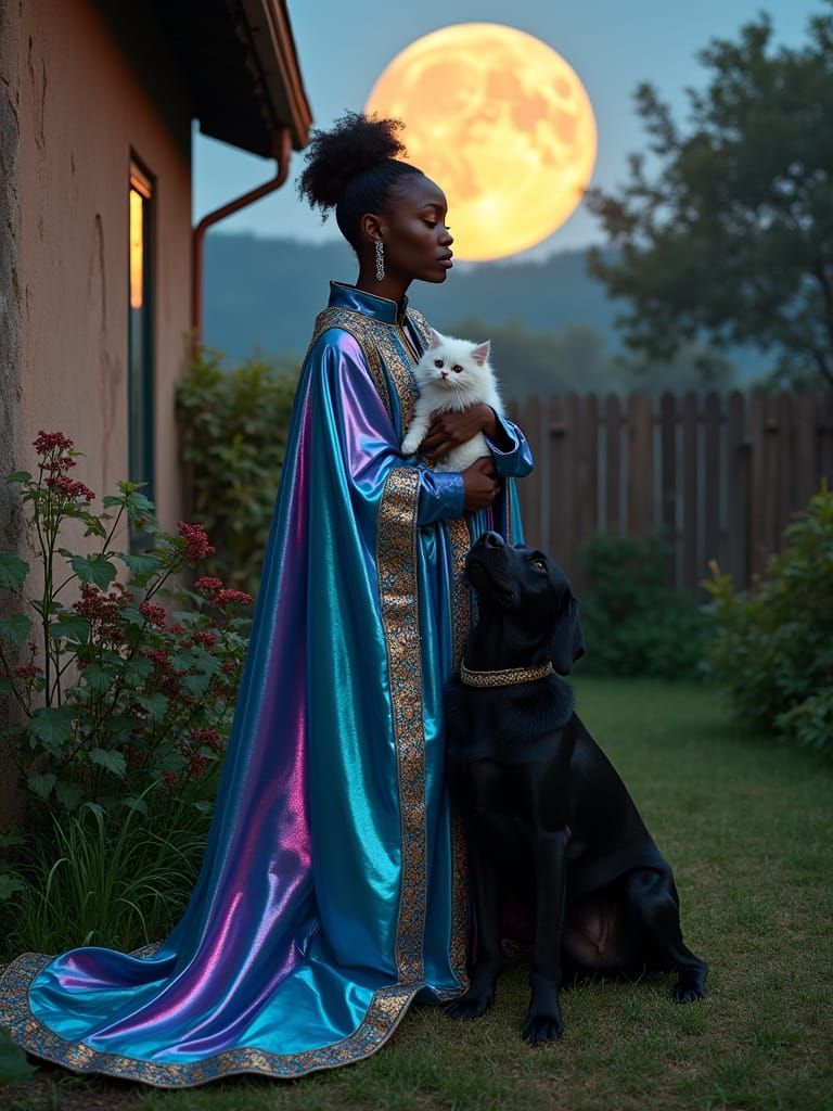 Afrofuturist Woman with Kitten and Dog Under Full Moon