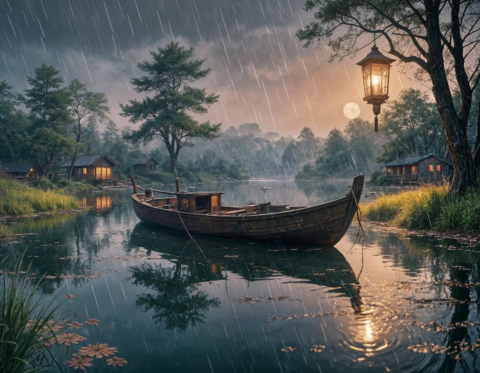 Ethereal Night Scene with Rainy Pond