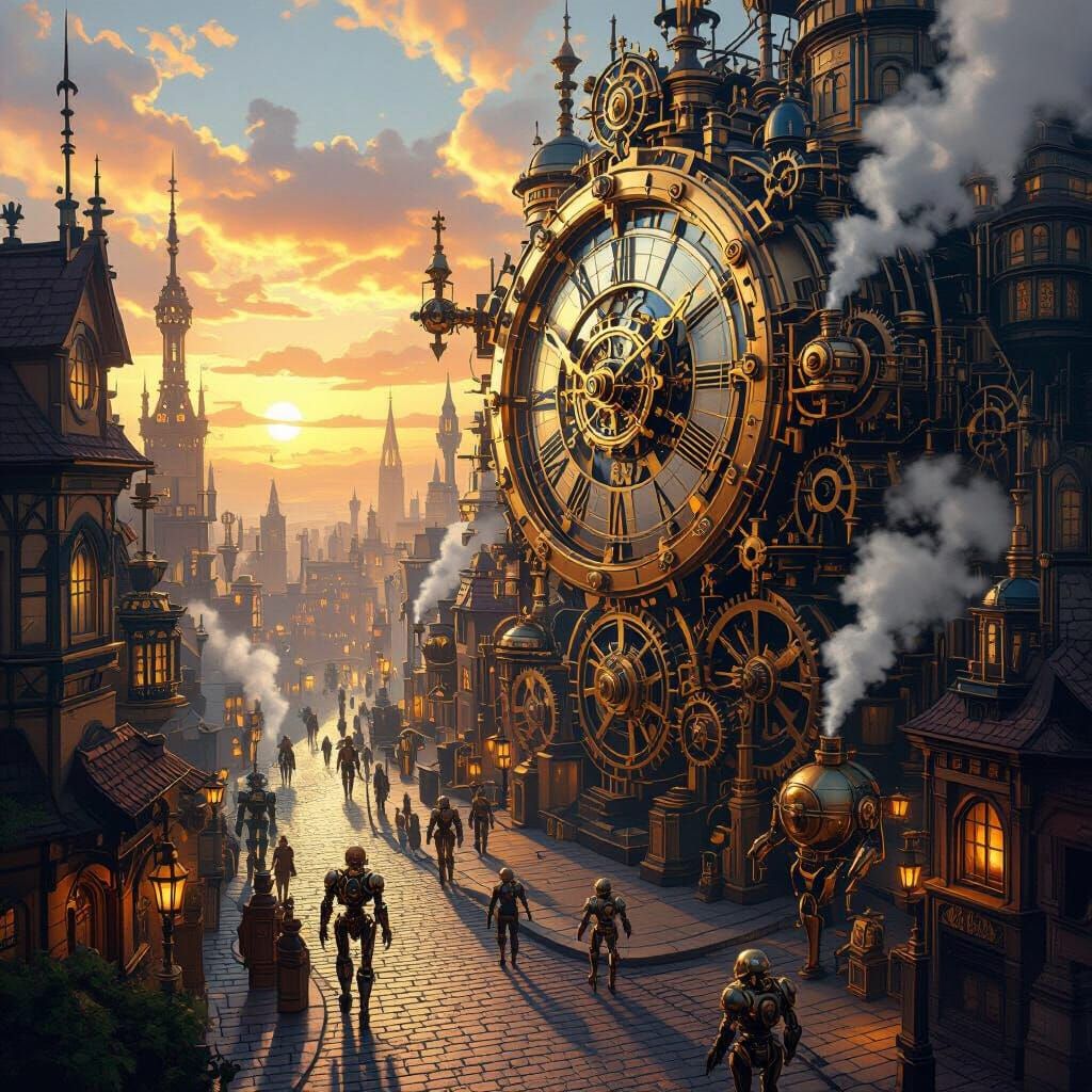 Intricate Clockwork City with Robots at Sunset