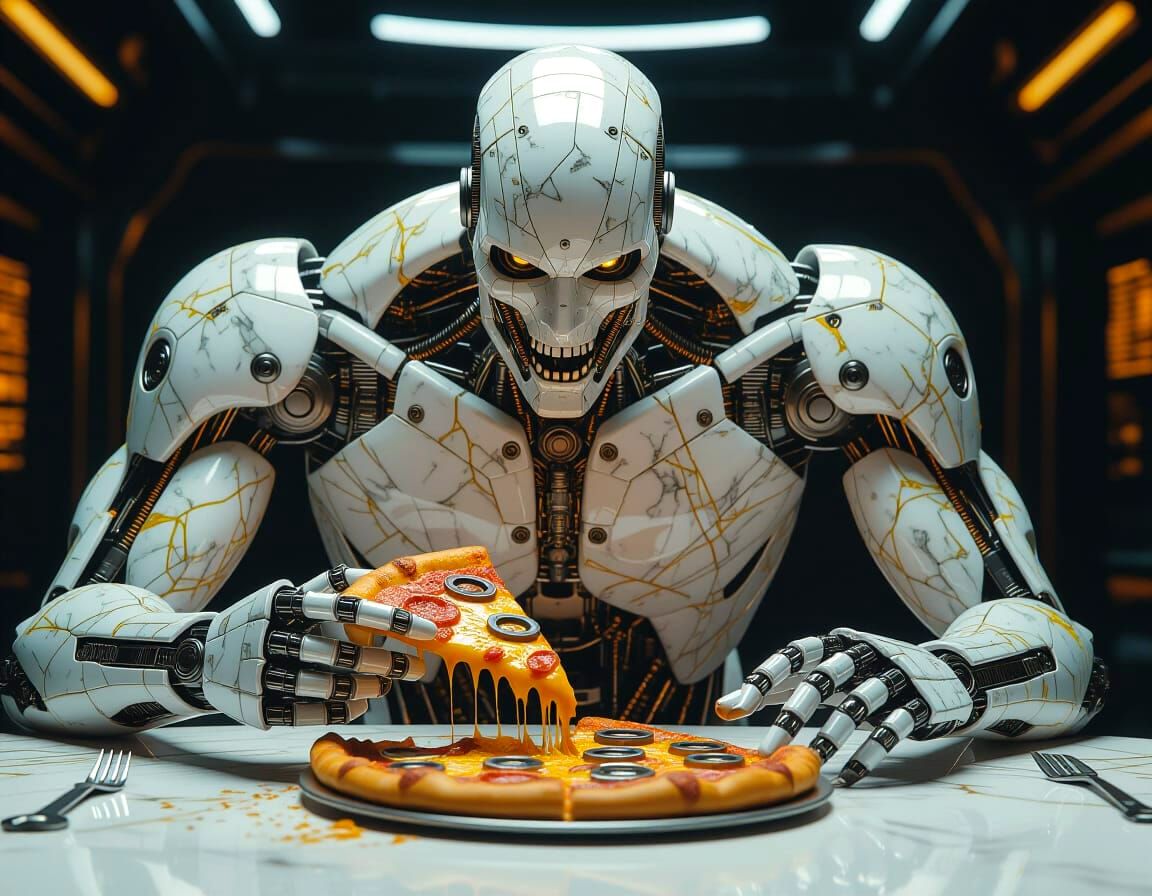 Marble Cyborg About to Eat Steampunk Pizza in Hyper-Detailed...
