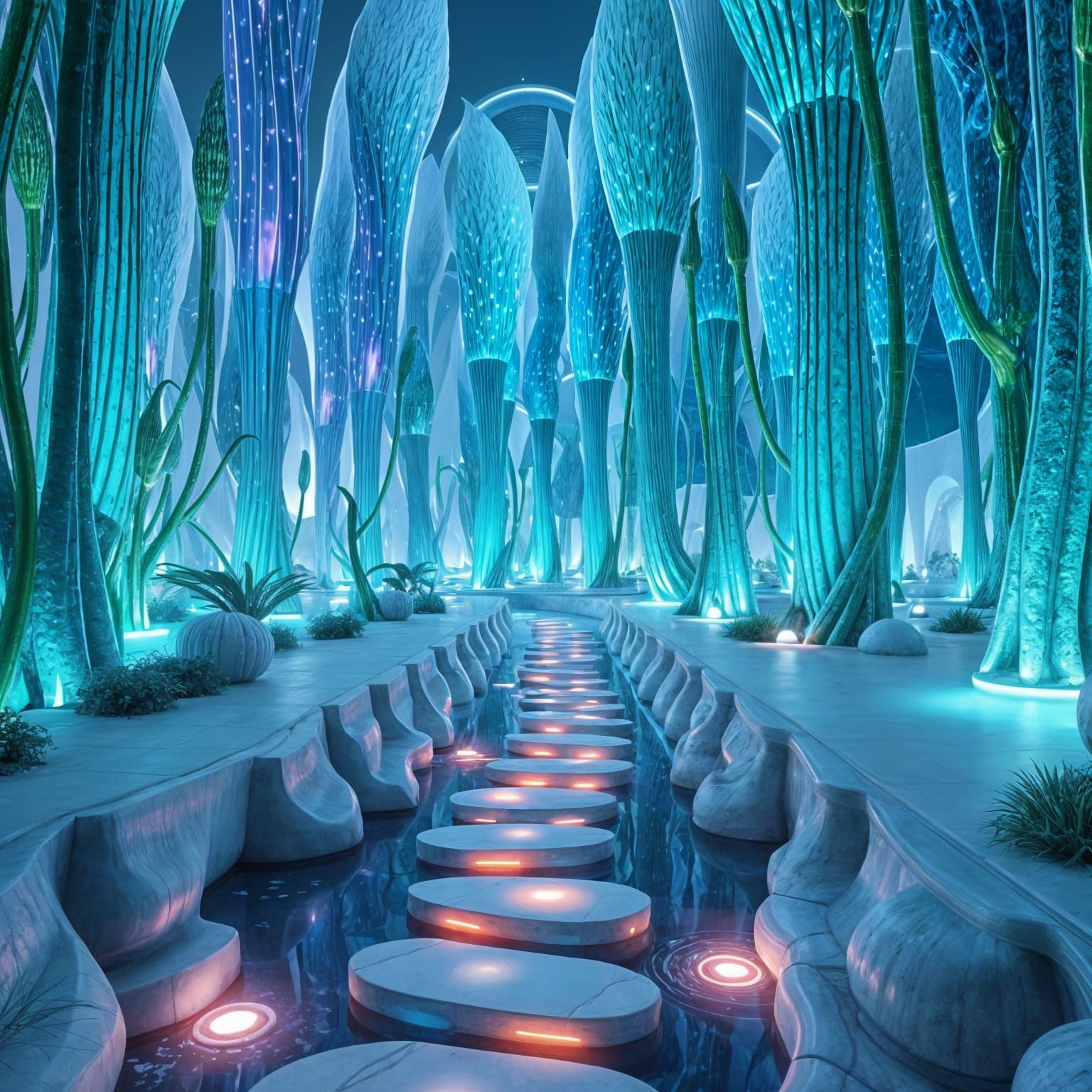 Minimalist Garden with Alien Plants and High-Tech Visuals